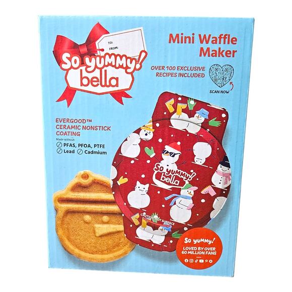 NEW So Yummy Bella Nonstick Mini Christmas Snowman Waffle Maker in Red - Picture 2 of 7